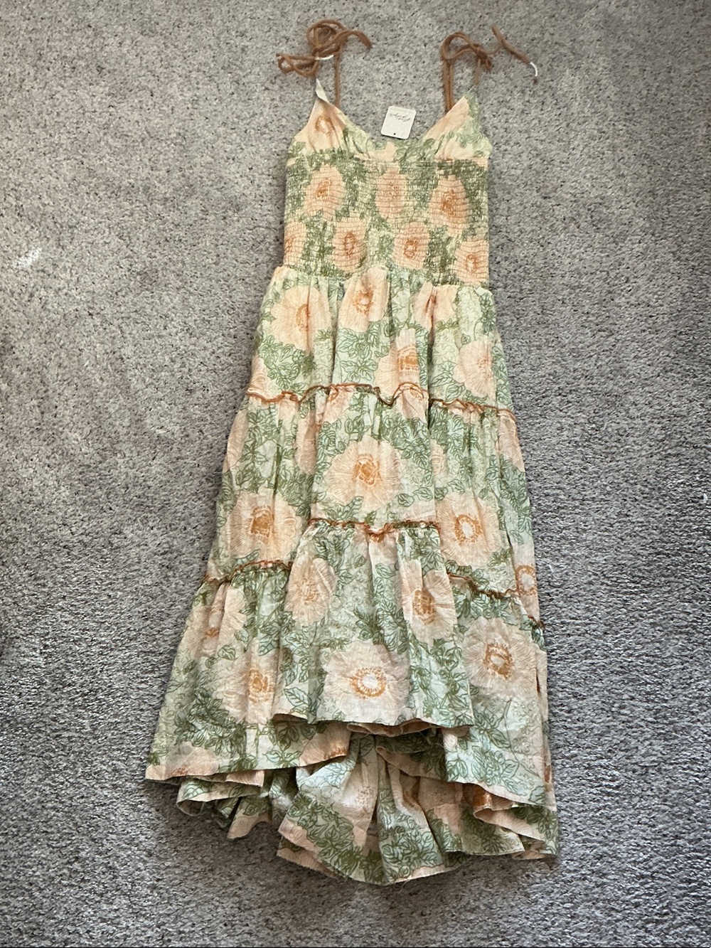 NWT Free People Adriel Tie Strap Tiered Midi Dress ~ Yellow & Green - Picture 4 of 12